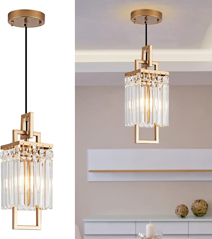 Modern Gold Pendant Light Fixtures for Kitchen Island and Dining Room, Industrial Small Hanging Crystal Chandelier Light Fixture for Bedroom Entryway Living Room Foyer Hallway 1-Pack by Lighceac-ProfessionalLightingFixturesManufacturer