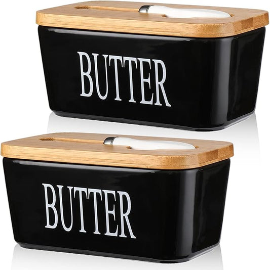 Ceramic Butter Dish with Lid and Knife & Silicone Seal 400ml 2 Pack Black | Suitable Capacity, Great Sealing, Home Decor Kitchen Gift Housewarming Gift by AISBUGUR