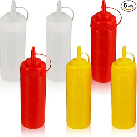 12oz Leak-Proof Sauce Squeeze Bottles- BPA-Free Kitchen & Restaurant Dispensers w/Wide Mouth for Ketchup, Mustard, Syrup, Oil, Dressings Dishwasher Safe (White+Yellow+Red, 12oz-6pack)
