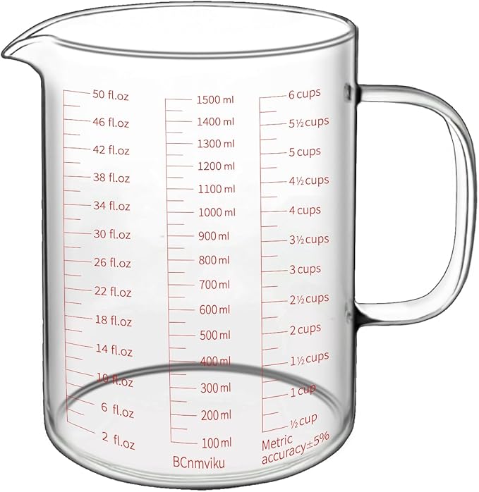 BCnmviku Glass Measuring Cups 6Cup/1500ml/50oz High Borosilicate [Insulated Handle | V-Shaped Spout]For Prepping Baking and Cooking Preheated Oven Dishwasher Freezer and Microwave Safe (1500ML)