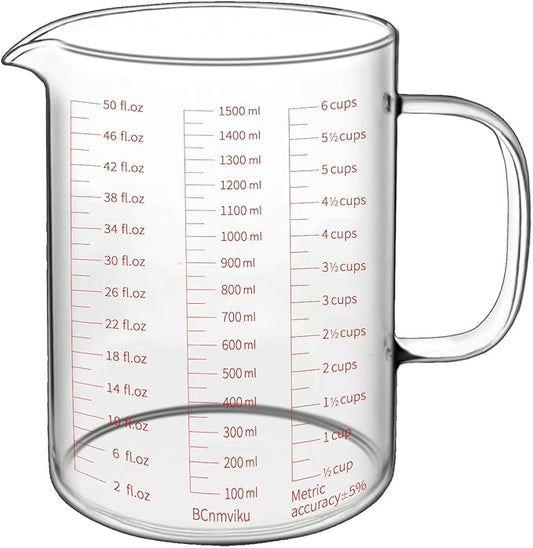 BCnmviku Glass Measuring Cups 6Cup/1500ml/50oz High Borosilicate [Insulated Handle | V-Shaped Spout]For Prepping Baking and Cooking Preheated Oven Dishwasher Freezer and Microwave Safe (1500ML)