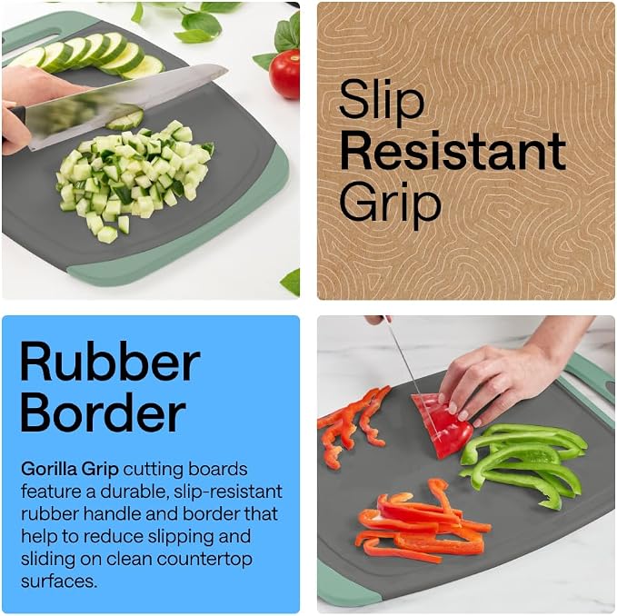 GORILLA GRIP BPA-Free Reversible Kitchen Cutting Board Set of 3, US Designed, Nonporous, Juice Grooves Catch Liquid, Slip Resistant Border, Dishwasher Safe, Durable Food Chopping Boards, Gray Mint - Image 3