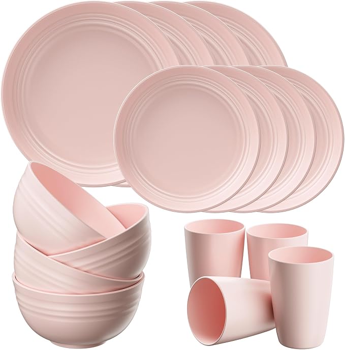 Quatish 24 Piece Plates and Bowls Sets for 6, Unbreakable Dinnerware Sets, Plastic Dish Set for Camping, Dishwasher Microwave Safe, Outdoor Kitchen and Apartment Dorm Dinning RV Essentials, Pink by Quatish