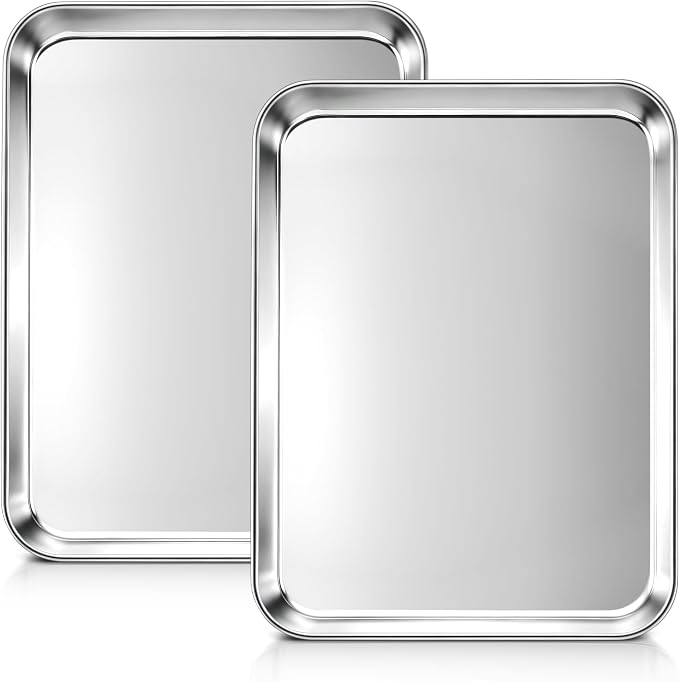 LIANYU Stainless Steel Tray for Baking, 9.2x7”Small Cookie Baking Sheet Pan | 2PCS Metal Cooking Sheet Tray for Oven, Rust Free & Mirror Finish, Dishwasher Safe, Heavy Duty, No Coating, Easy Cleaning by LIANYU