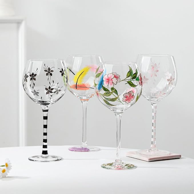Hand Painted Red Wine Glass Feathered/Flower Pattern Champagne Cup for Restaurant Large Capacity Glassware Hand Daubed Wine Glass - Image 7