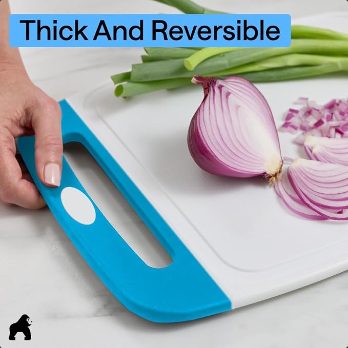 GORILLA GRIP BPA-Free Reversible Kitchen Cutting Board Set of 3, US Designed, Nonporous, Juice Grooves Catch Liquid, Slip Resistant Border, Dishwasher Safe Large Food Chopping Boards, Black Aqua Gray - Image 7