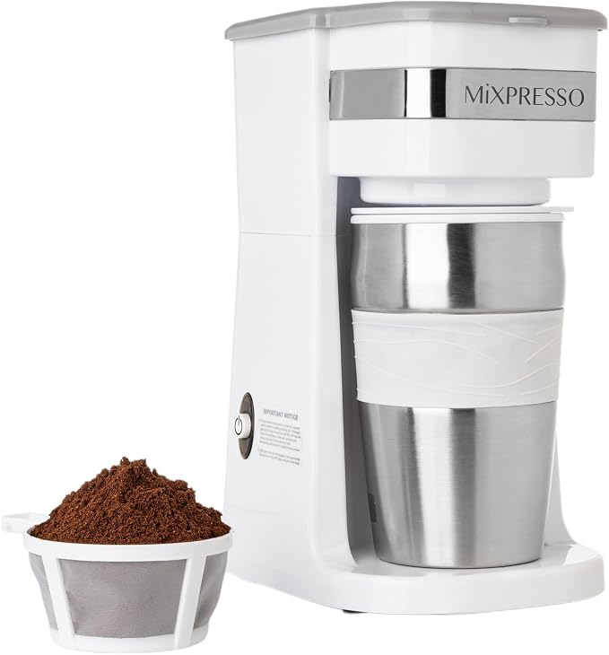 Mixpresso Single Serve & Single Cup Coffee Maker with 14oz Travel Mug White | For ground coffee only, reusable filter, auto shut off. Compact personal drip coffee maker, not compatible with K-Cup pods. by Mixpresso
