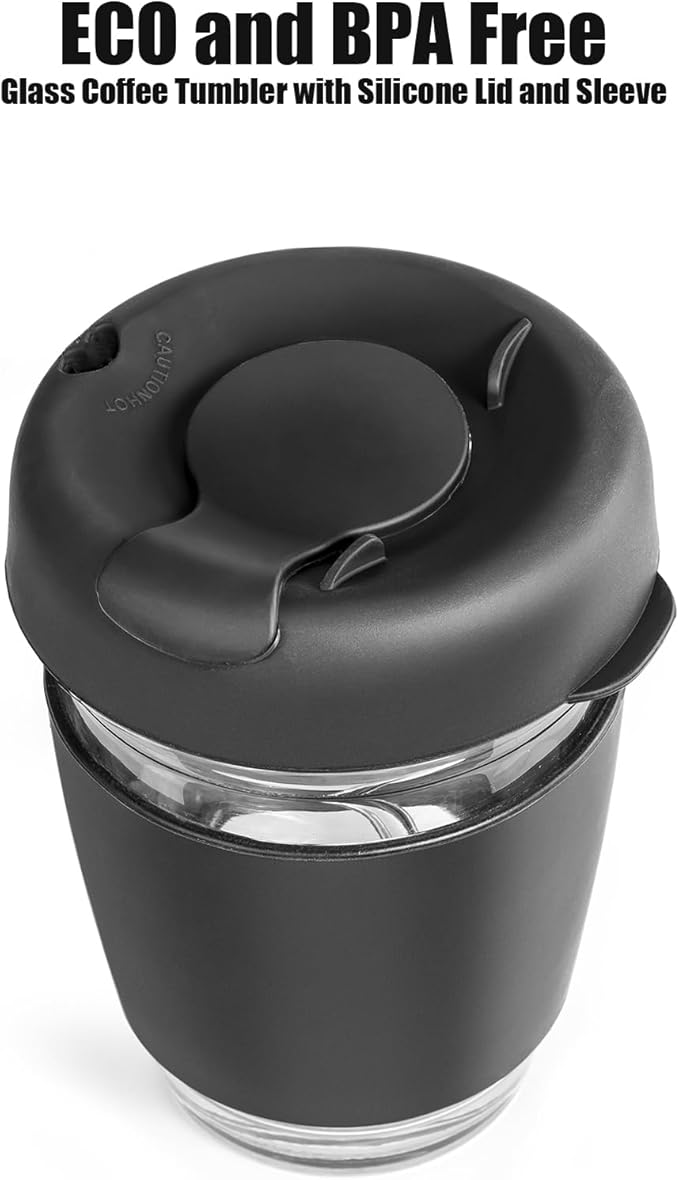 On The Go Coffee Mug Glass – 12oz Reusable Tumbler with Leak-Proof Lid & Silicone Sleeve, Ideal Travel Cup for Hot or Iced Coffee, BPA-Free