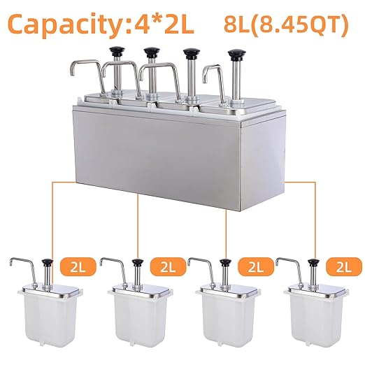 8.46 Quart Ketchup Pump Dispenser,Condiment Dispenser Pump, Large Capacity Detachable Leak-Proof Design for Sauce, Honey, Syrup,Soy Sauce,Mustard,Cheese (4 pumphead, 2.11 QT Each)