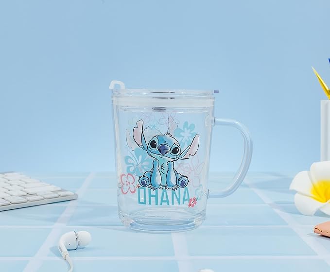 Disney Lilo & Stitch Ohana Glass Mug With Lid | Holds 14 Ounces