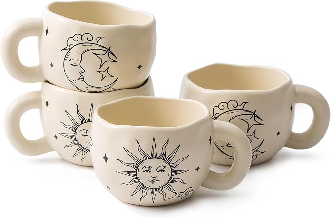 4pcs Boho Style Ceramic Moon and Sun Mugs, 9.4OZ Cute Coffee Cup Set, Matte Cream Color, Dishwasher Safe, Gift for Women/Couples by YumiPLUS