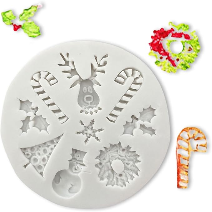 1 Pcs Christmas Silicone Baking Molds 3D Chocolate Candy Molds Snowman Elk Crutch Gingerbread Snowflake Shape Design Mold for Cake Toppers Fondant Ice Cubes Jello DIY Cake Candles Cake Decoration