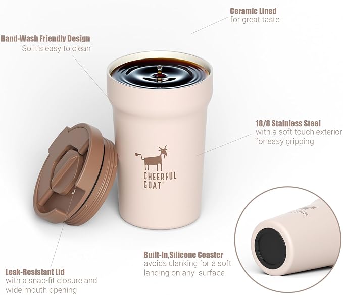 CHEERFUL GOAT Ceramic Lined Coffee Mug – Stainless Steel Travel insulated Tumbler with Ceramic Liner, with lid 12oz Leak Proof Cup for Hot and Cold Water Coffee at Home, Office, or In the Car (Coffee) - Image 3