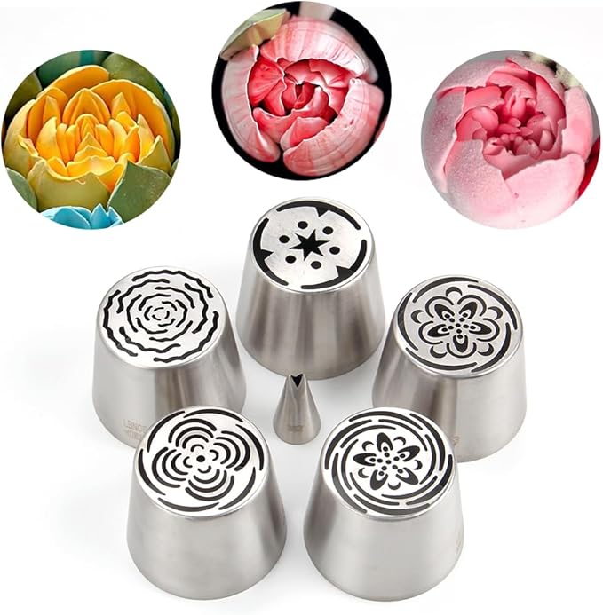 7 Pieces Stainless Steel Extra Large Russian Tulip Icing Tips Set, 5 XXL Russian Flower Piping Nozzles,1 Cleaning Brush,1 Small Leaf Tip for Cake Decorations,Flower Frosting Nozzles for Decorating