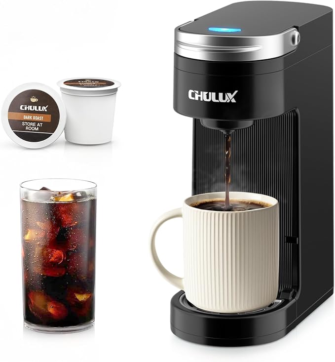 CHULUX Slim Single Serve Coffee Maker for K Cup, Fast Brewing, Matte Black | Rapid-Heating Boiler Tech, 4-Hole Needle for Richer Flavor, Adjustable Drip Tray for 7.3" Travel Mug, Food Grade Material by CHULUX