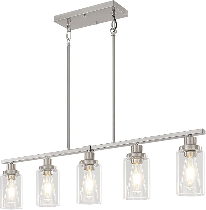 Brushed Nickel Linear Chandelier Over Table, Dining Room Light Fixtures | 5-Light Kitchen Island Lighting, 37'' Modern Island Lights for Kitchen with Clear Glass Shade, Adjustable Height - Image 7