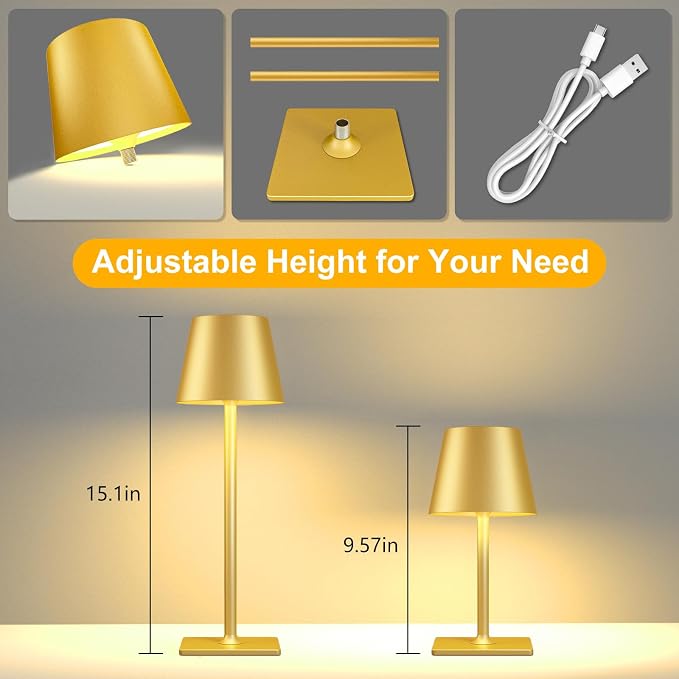Yogaret Gold Rechargeable Cordless Table Lamp, Battery Operated, 2 Pack | 6000mAh battery lamps waterproof wireless portable design for outdoor patio, dining tables, kitchens, restaurants home bar - Image 4