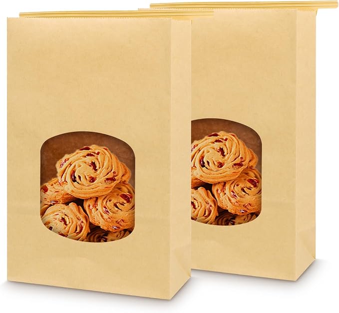 Bakery Bags 9.6x6.1x2.7" Brown With Window - 50 Pieces Kraft Paper Tin Tie Tab Lock for Cookies - Free Stickers Included by Bakbania