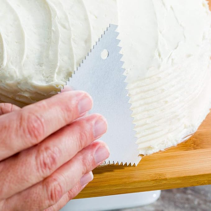 Restaurantware Pastry Tek 4.8 Inch x 3.8 Inch Cake Scraper 1 3-Pattern Cake Smoother - Fine Tooth Edges Wide Tooth Edges Metal Icing Smoother Hanging Hole For Decorating Or Sculpting Desserts
