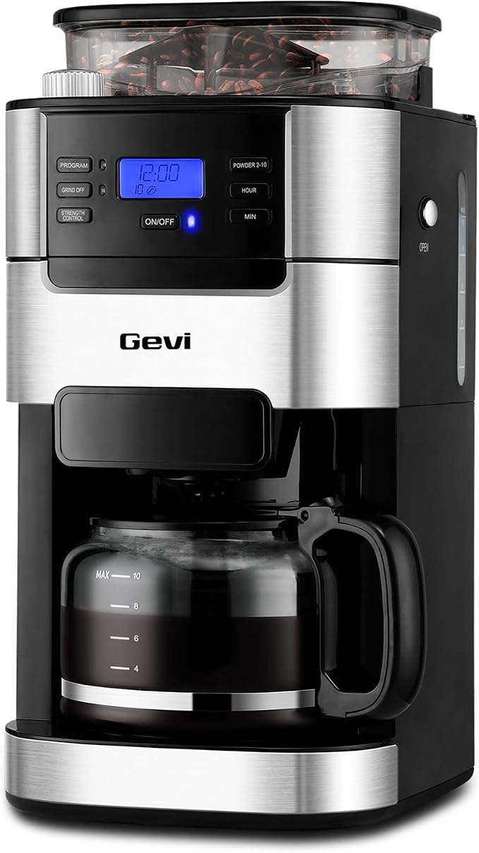 Gevi All In One 10-Cup Grind & Brew Coffee Maker with Built-In Burr Grinder | 24-Hour Programmable Timer, 1.5L Water Tank, Warm Plate, Reusable Filter & Glass Carafe for Daily Fresh Coffee Brewing by Gevi