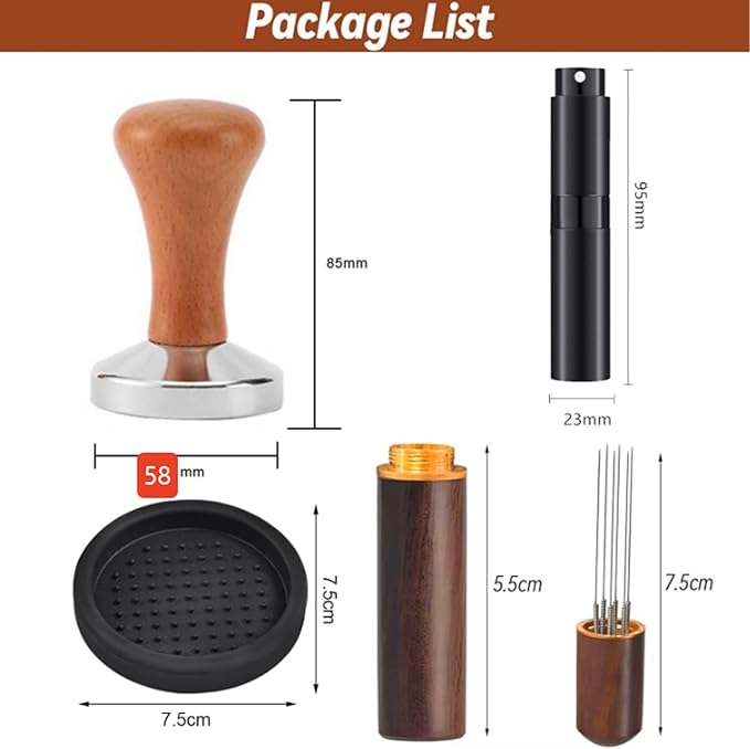 Aramox 4 Pcs Coffee Tamper Set, 58mm Barista Tools with Distribution Needle, Non Slip Silicone Base and Bean Spray Bottle for Home Coffee Making