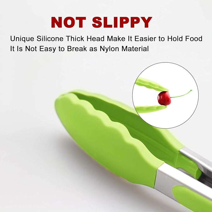 2 Pack Silicone Kitchen Tongs, 9 & 12 Inch, Stainless Steel, Light Green - Image 2