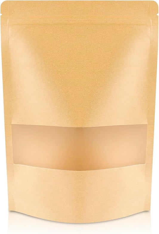 DiRose Kraft Stand Up Pouches with Window, Reclosable Food Storage Bags, Heat Sealable Stand Up Pouch for Coffee, Candy, Nuts, Tea, Spices – 16 oz (100 Pack) by DiRose