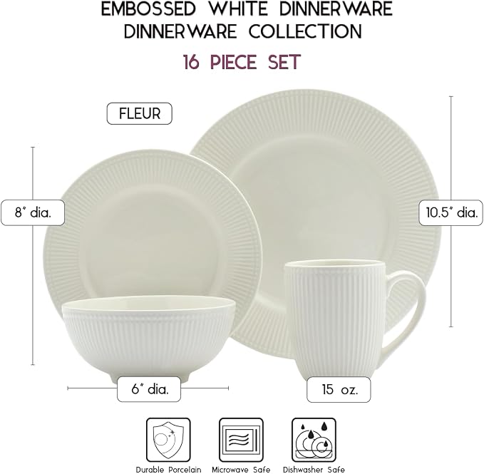 Tabletops Gallery Embossed Bone White Porcelain Round Dinnerware Collection- Chip Resistant Scratch Resistant, Fleur 16 Piece Dinnerware Set (Dinner Plate, Salad Plate, Cereal Bowl, Mug) - Image 4