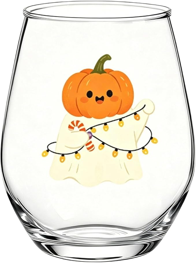 Halloween Stemless Wine Glass, Cute Pumpkin Ghost Cat Egg Shaped Tumbler, Clear Waterproof Printed Glassware, Festive Decorative Cup, Halloween Party Supplies & Holiday Gift for Women, D by Unknown