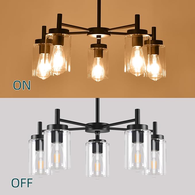 5 Lights Black Modern Farmhouse Chandelier for Dining Room with Glass Shade, Pre-Wired Height Adjustable Pendant Light Ceiling Lighting Fixture for Dining Living Room Bedroom Kitchen Foyer - Image 8