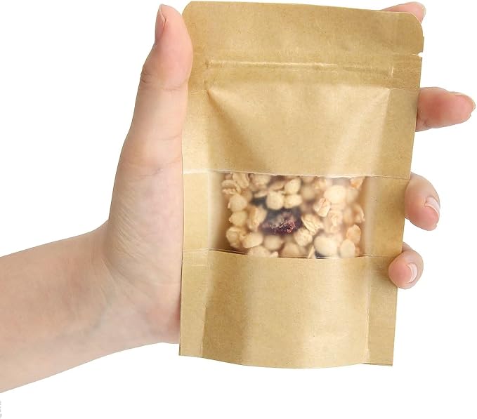 50 Pack Kraft Resealable Bags with Window for Storage (2.5 x 4.3 Inches) | Brown Zipper-Lock Heat Sealable Stand Up Pouch Bags with Matte Window and Tear Notch for Small Business Home Use - Image 3