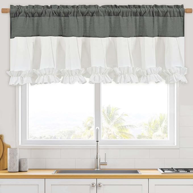 Likiyol Linen Valances for Windows Farmhouse Window Valances with Ruffle Rustic Country Light Filtering Kitchen Valance Curtains Rod Pocket Valance for Bathroom Cafe, Grey White, 52" W X 18" L - Image 8