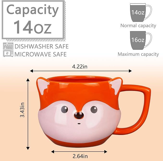 Fox Mug 14 oz Cute Ceramic Coffee Mug 3D Porcelain Tea Mug for Women Kawaii Cup Fox Gifts for Women Christmas Gifts Housewarming Holiday Birthday Gifts for Mom Kids Men Friend Orange - Image 2