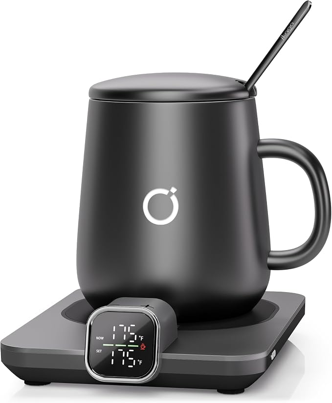 Coffee Cup Warmer & iKago Mug Set, 1℉ Precise Temp Control Mug Warmer | Auto Shut Off, Infrared Sensor, Dual Temp Display, ℉/℃ Optional, 15oz Mug with Spoon & Lid Included, Gifts for Men Women by ikago