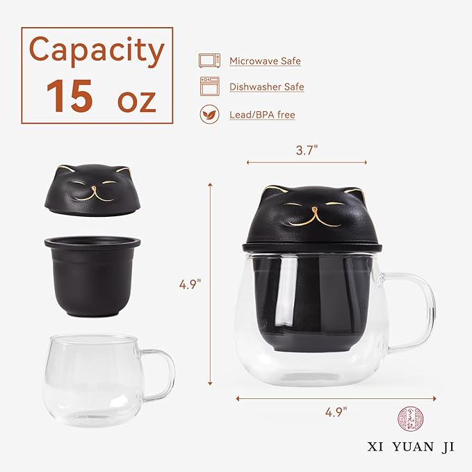 Tea Cup with Infuser and Lid 15oz - Borosilicate Glass Mug with Black Ceramic Infuser, Smiling Cat Lid Design, Anniversary Birthday Gift for Cat Lovers