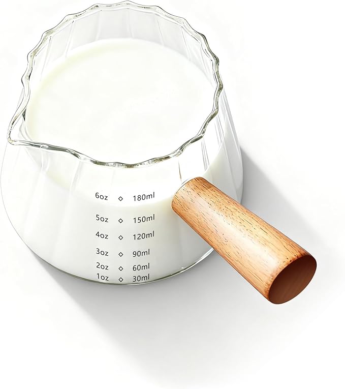 YARRAMATE 6 oz/180ML Glass Measuring Cup with Wooden Handle – Espresso Shot Cups, Ribbed Milk Frothing Pitcher, Dual Scale Markings, V-Shaped Mouth for Easy Pouring
