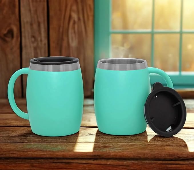 Stainless Steel Insulated Coffee Mugs Set of 2 (14oz) Double Wall Coffee Cups With Spill Resistant Lid & Handle – Shatterproof Cups for Cold & Hot Drinks for Indoor & Outdoor Use (Aqua Blue) - Image 3