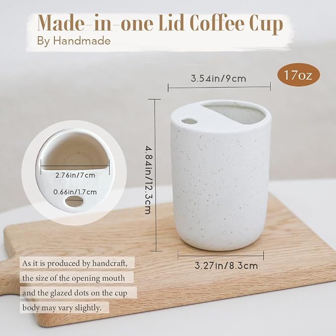 Handmade Ceramic Travel Coffee To Go Tumbler with Half Lid, 17oz Unique Tea Coffee Cup with Sip-top Lid, Speckle White - Image 7