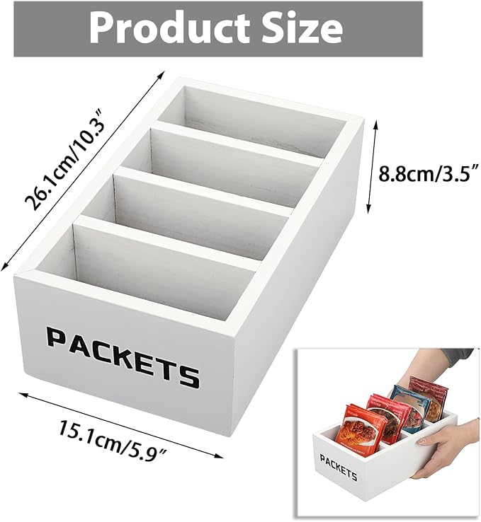 BSTKEY Seasoning Packet Organizer, Food Packet Storage Organizer with 4 Compartments, White Wooden Storage Caddy for Kitchen Pantry Cabinet, Farmhouse Kitchen Organization Bins for Snack Spice Packets - Image 2