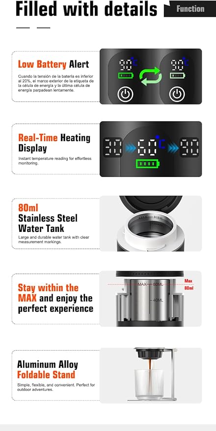 Portable Espresso Machine, Self-Heating Travel Coffee Maker with USB-C, 20 Bar Portable Coffee Maker for Ground Coffee & NS Capsules, for Camping, RV, Hiking, Office - Image 8