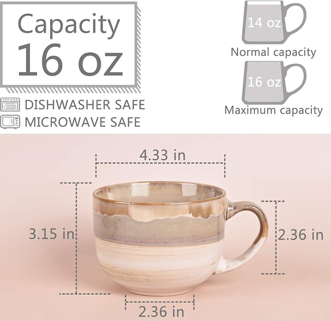 Bosmarlin Large Ceramic Coffee Mug Set of 2, Stoneware Jumbo Latte Mugs for Office and Home, 16 Oz, Dishwasher and Microwave Safe(Brown Grey, 2) - Image 2