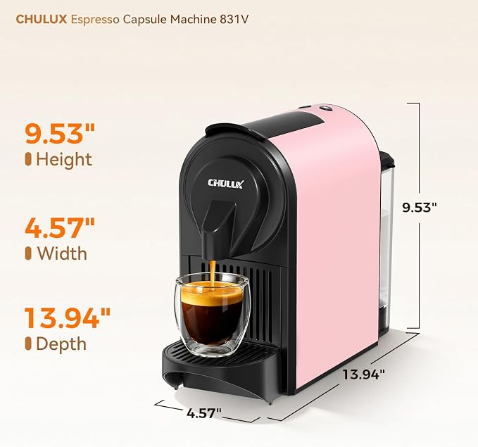 CHULUX Bafè-Pro Compact Espresso Machine 20 Bar for Nes Original Pods, Pink | 1400W Rapid Heating, Espresso Lungo Buttons, Used Capsule Drawer, Auto-Eject System, 24oz Removable Reservoir, Mini Footprint - Image 6