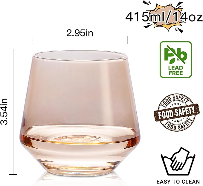Stemless Wine Glasses Set 6 - Peach Color Stemless Wine Glasses - 14oz Tumbler - Peach Glassware for Wine or Soft Drinks - Unique Valentine's Day Gifts - Image 4
