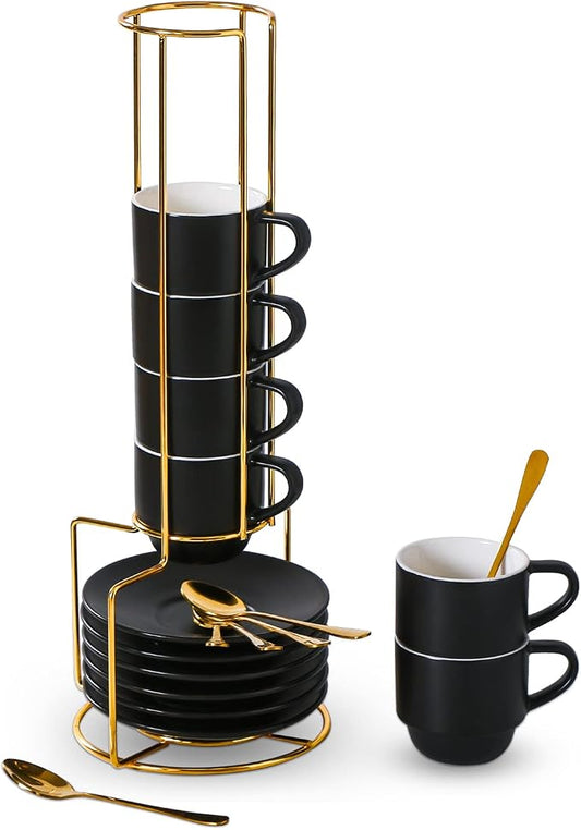 Lareina Porcelain 3-Ounce Espresso Cups Set of 6, Small Stackable Coffee Cups with Saucers, Spoons and Metal Stand - Ceramic Demitasse Mugs, Double Shots Expresso Cup, Matte Black by Lareina
