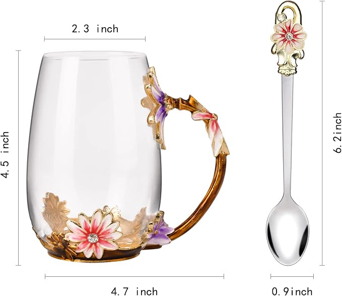 OEAGO Purple Gifts for Women Mom Mothers Day Glass Coffee Enamels Mug Best Birthday Flower Gifts for Her from Daughter Son Lead-Free Christmas Tea Cup with Spoon Set - Image 2