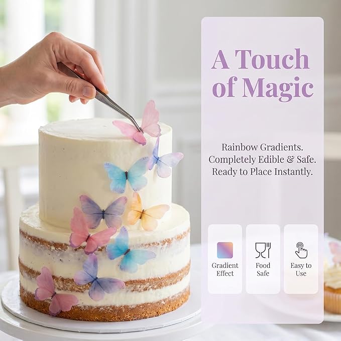 55-Piece Edible Color Gradient Butterfly Cake Decorations – Rainbow Butterfly Cupcake Toppers, Icing Decor for Birthday Party, Baby Shower, or Fondant Cakes - Image 4