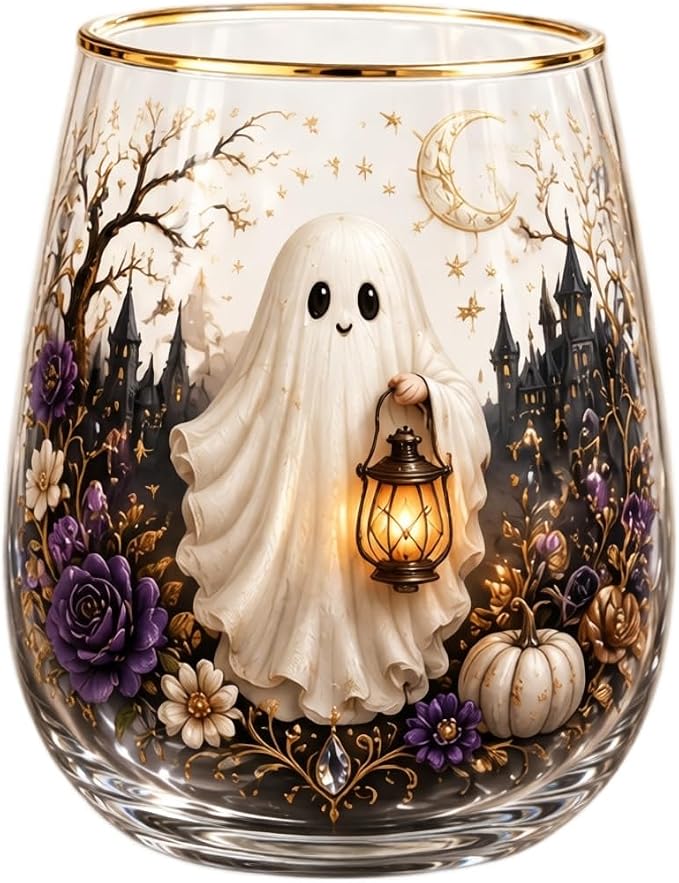 3D Halloween Autumn Glass Art Cup,Stemless Holiday Glassware Collection | Fantasy Fall Witch Wine Glasses,Holiday Printed Table Ornaments,Magical Halloween Home Decor Gifts for Various Beverages by Unknown