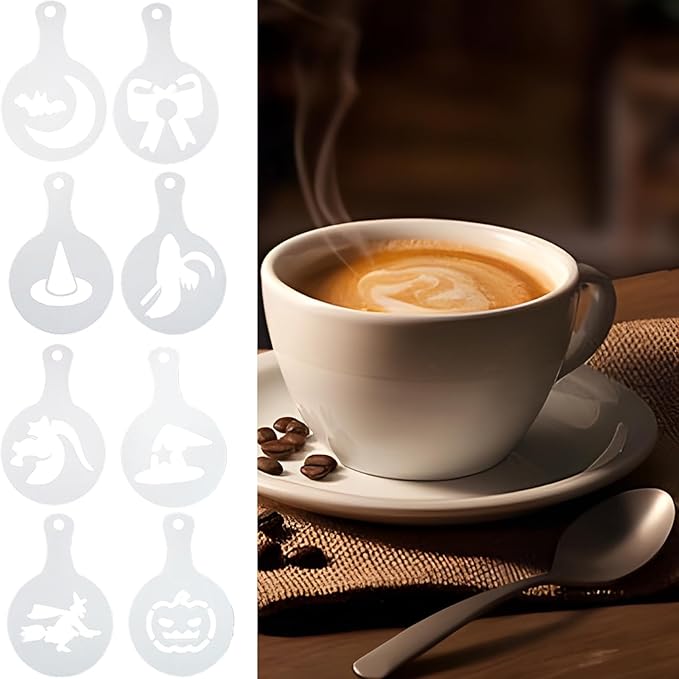 Coffee Stencils - Latte Art Printer, 8 Piece Halloween Design Kit, Reusable Decoration Template, Creative Baking Mold | Tool for Bread, Cake, Cappuccino, Dessert Art, Restaurant or Home