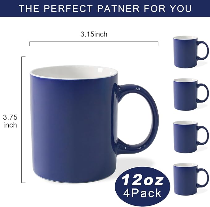 12 oz Cup Plain Gloss Blue Ceramic Coffee Mug Set of 4 for Milk, Tea, Glazed Porcelain Cups with handle for Home Office, Dishwasher & Microwave Safe - Image 2
