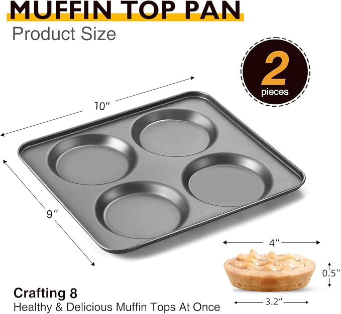 Large Muffin Top Pan Set of 2, 4 Cup Nonstick Hamburger Bun Baking Pan, Jumbo Whoopie Pie Pan for Egg Sandwich, Cornbread, Layer Cake - Image 3